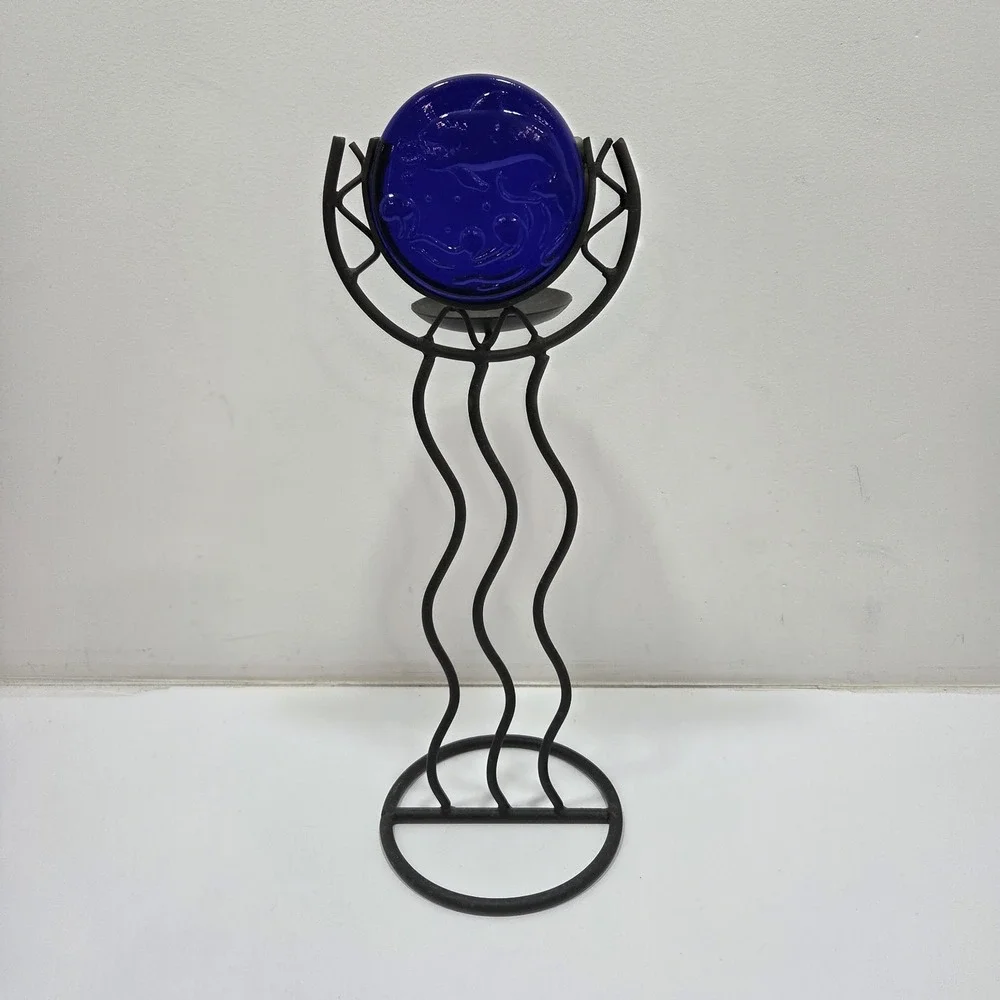 Vintage 90s Large Squiggle Candle Holder w/‎ Cobalt Blue Glass Dolphin